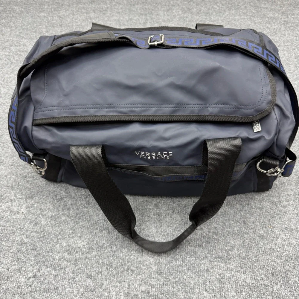 Versace Parfums Navy Blue Nylon Duffel Weekend Bag Greca Pattern Backpack Straps
